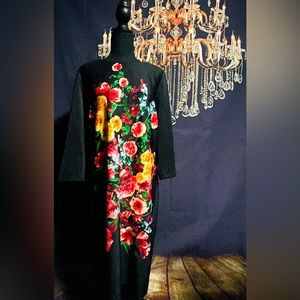 Black floral bodycon dress, 95% polyester, 5% spandex